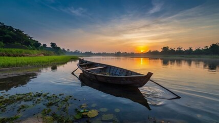 Fototapeta premium Asian fisherman with his wooden boat in nature river