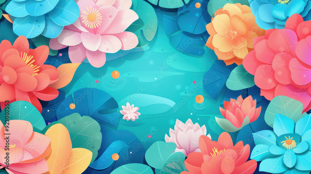 Sticker A stunning aerial view captures the charm of a magical garden blooming with giant flowers and imaginative creatures.