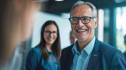 Obraz premium Caucasian senior man smiling at office business meeting with colleagues