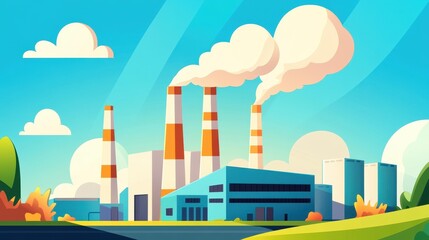 Obraz premium A vibrant illustration showcasing an industrial factory with smoke rising from chimneys, embodying modern manufacturing.