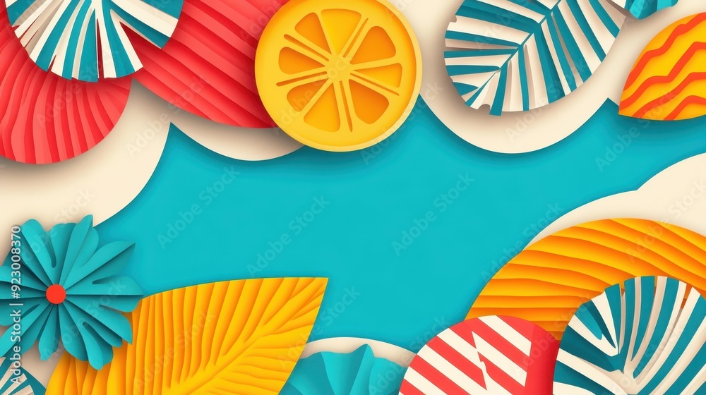 Poster Bright, bold geometric shapes create a vibrant summer vibe in this playful, abstract cartoonstyle poster design.