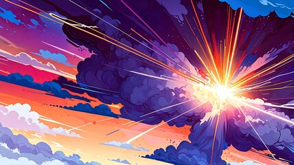 Bright light bursting through dark clouds, symbolizing power and energy. Perfect for inspirational and motivational content, or weatherrelated concepts.
