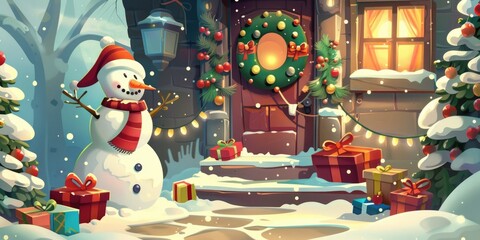 Snowman near Christmas Tree