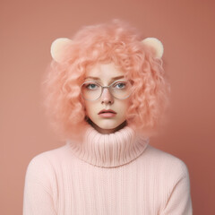 character with pink curly hair and lion ears against pink backdrop