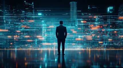 A businessman stands in awe of a futuristic cityscape filled with glowing digital data, symbolizing innovation and technology.