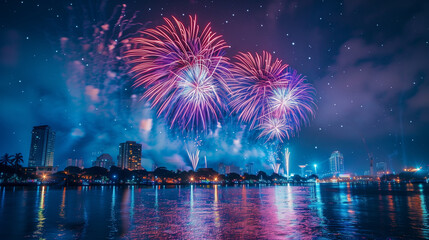 Vibrant Fireworks Display Over City Skyline Reflecting on Water at Night

