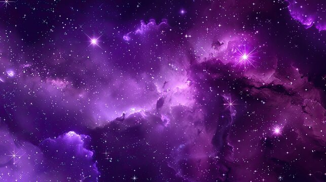 A purple starry sky background with stars and nebula in space, purple galaxy texture for design or print. Vector illustration, 