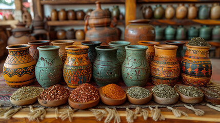 Colorful Handcrafted Clay Pots and Bowls with Spices Displayed at Artisan Market


