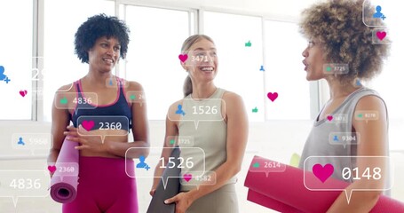 Holding yoga mats and talking, women with social media likes and follower counts animation - Powered by Adobe