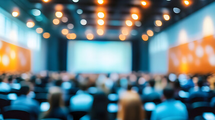 Blurred photo of conference hall with attendees in abstract banner