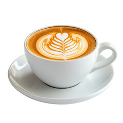 A latte with delicate coffee pulls served in a white cup and saucer