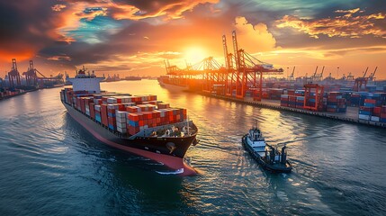Obraz premium Cargo container ship moored loading or unloading containers with cranes