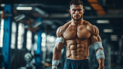 A male muscular bodybuilder standing, bandage and injured arm, in a gym setting