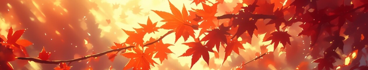 Obraz premium Enchanting Anime-Style Autumn Wonderland: Vibrant Red Maple Leaves Illuminated by Golden Sunlight. Dreamy 4K Illustration Capturing Fall's Magic with Dappled Light and Shadow. Perfect for Creative Mar