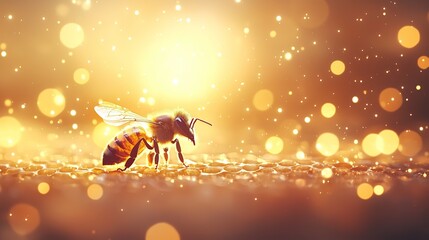Fototapeta premium A close-up of a bee amidst shimmering golden lights, symbolizing nature's beauty and the importance of pollinators.