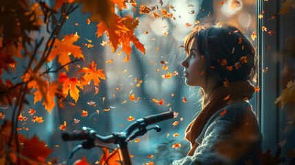 Woman Gazing Through a Window as Autumn Leaves Fall Around Her, Bicycle in Foreground,  Golden Hour Sunlight, Fall Season, Dreamy,  Romantic,  Peaceful,  Tranquil,  Nature,  Beauty,  Happiness.