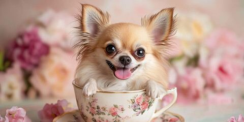 A beautiful little long haired chihuahua sits in an antique floral tea cup, generative AI