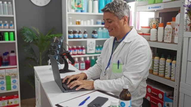 Young man pharmacist working in a pharmacy store typing on laptop wearing white coat and smiling