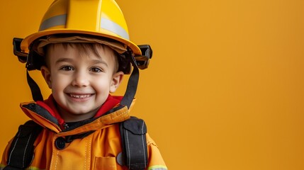 Photo of a happy smile little kid in a firefighter uniform