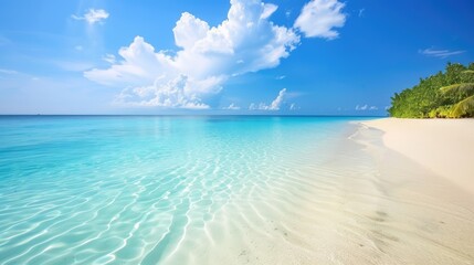 Fototapeta premium The deserted beach features soft white sand and crystal clear water, providing a tranquil atmosphere perfect for unwinding and enjoying nature