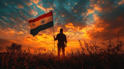 Indian man holding flag at sunset