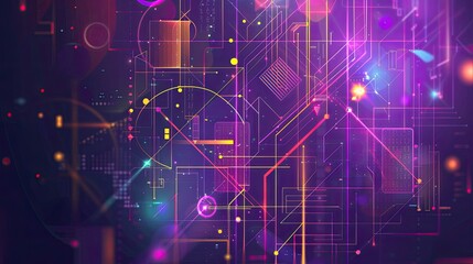 Obraz premium A vector illustration of colorful geometric shapes and lines on a purple background in a simple, flat design and minimalist style. 