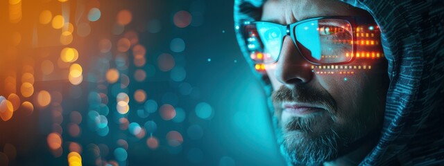 Hacker, double exposure, holographic digital security, dark background, modern tech