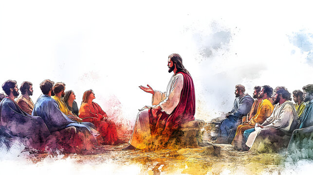 Jesus preaching the Sermon on the Mount depicted in a digital watercolor painting on a white background.