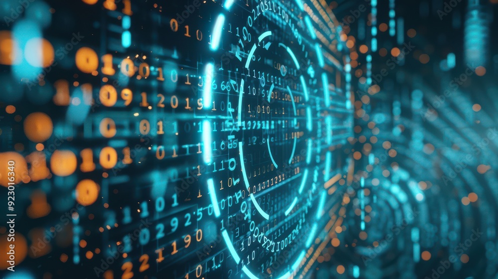 Poster holographic display showing encrypted data flow, encryption, secure data storage