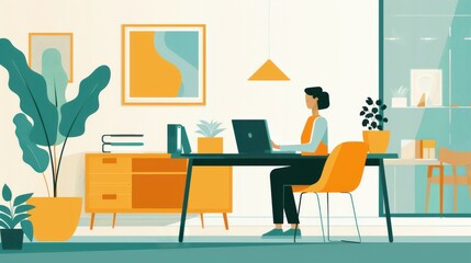 Fototapeta premium Hybrid work scenario with both in-office and remote workers, flexible and adaptive.