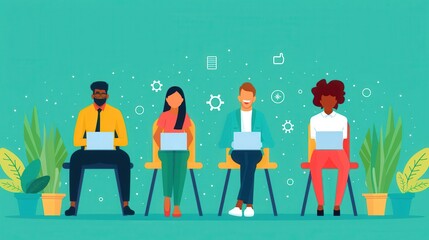 Inclusive hiring, diverse candidates in interview, flat design illustration