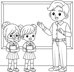 Teacher and students in a classroom outline coloring page