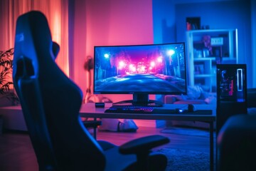 a cozy gaming room set up with a single large monitor