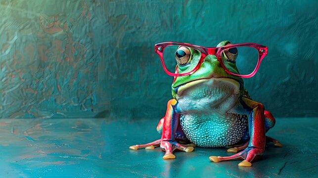 Colorful Frog Wearing Red Glasses on a Turquoise Background - Fun and Whimsical Animal Portrait for Creative Decor