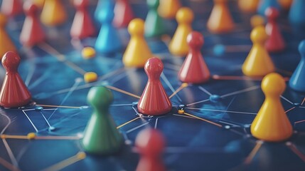 A bustling street market with a crowd of people walking past a table filled with red plastic toys and a group of children playing a game with red and yellow spoons