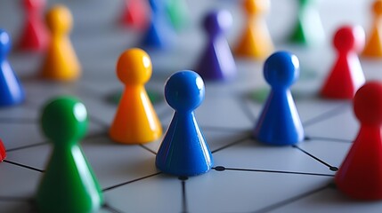 Red pawns lead diverse teams in 3D network game, symbolizing community leadership and social play