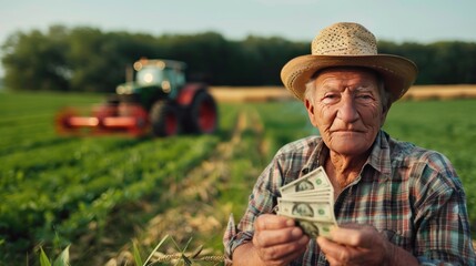 Fototapeta premium An elderly farmer wearing a straw hat holds a fan of cash with a field and tractor in the background, possibly representing profit from harvest.