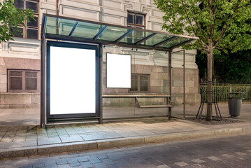 Mockup Of Bus Stop Blank Billboard For Branding Banner Or Poster. Two Empty Advertising Light Boxes At Night