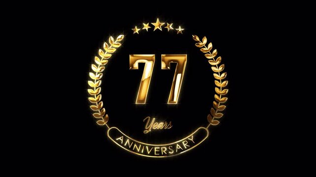 77th Anniversary Celebration. Happy 77 Years Anniversary Animation in Gold Color on the Transparent Background, Alpha Channel. Great for greetings, celebrations, events, and gifts.