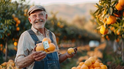 An elderly farmer smiling joyfully, holding fresh oranges in a sunlit orchard, portraying a sense of pride and satisfaction in his agricultural work.