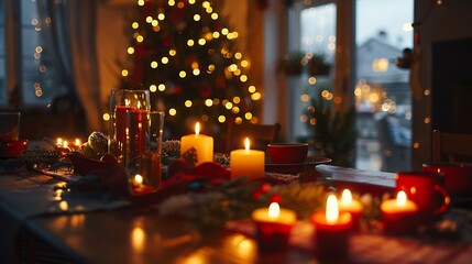 Christmas dining table with decorations for the holidays with christmas lights and candles