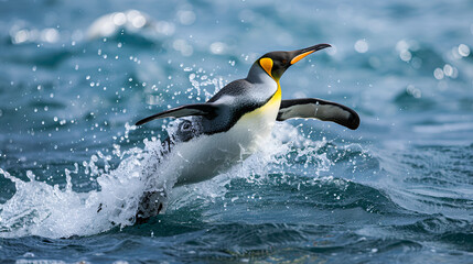 Fototapeta premium A Big King penguin going to blue water,experience the thrill of watching a penguin running penguin jumps out of the blue water while swimming through the ocean ,
