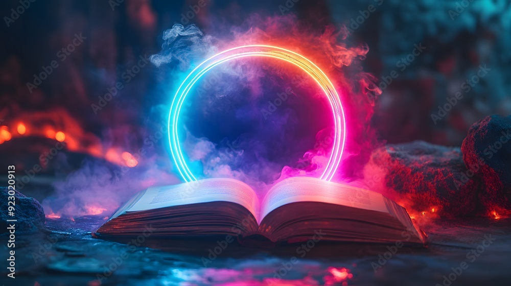 Wall mural open book with neon light and smoke.