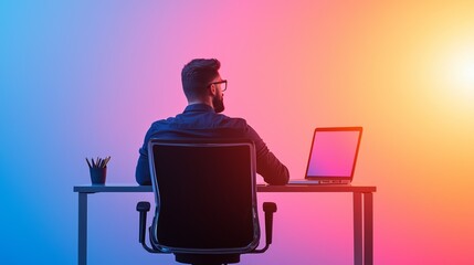 A focused man sits at a desk, working on a laptop with a vibrant gradient background, conveying productivity and creativity.