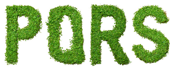The letters P, Q, R, and S are made out of grass