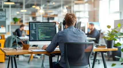 A focused programmer working in a modern office, coding on a computer with headphones amid a collaborative environment.