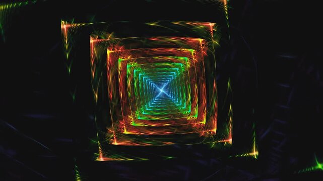 Square spiraliform colorful shape revolving, blinking, enlarging and diminishing. Abstract glowing construction metamorphoses with fractal coruscating elements spin and pulsation. 4K UHD 4096x2304