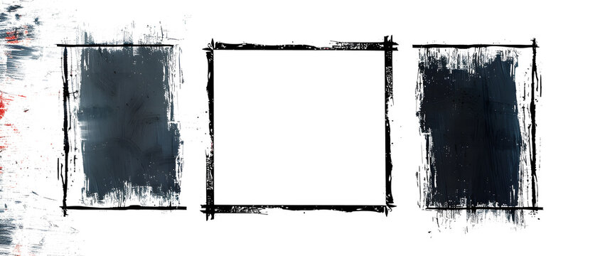 Grunge rectangle frame set. Different paint brushed border collection. Black chalk or ink rectangular uneven stroke design elements for banner, poster, flyer, brochure, cover. Vector A4 carde