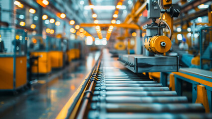 Industrial Factory Interior with Focus on Work Environment, Conveyor Lines, Steel Tools, and Equipment