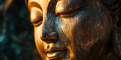 A close up of wooden buddha face, generative AI